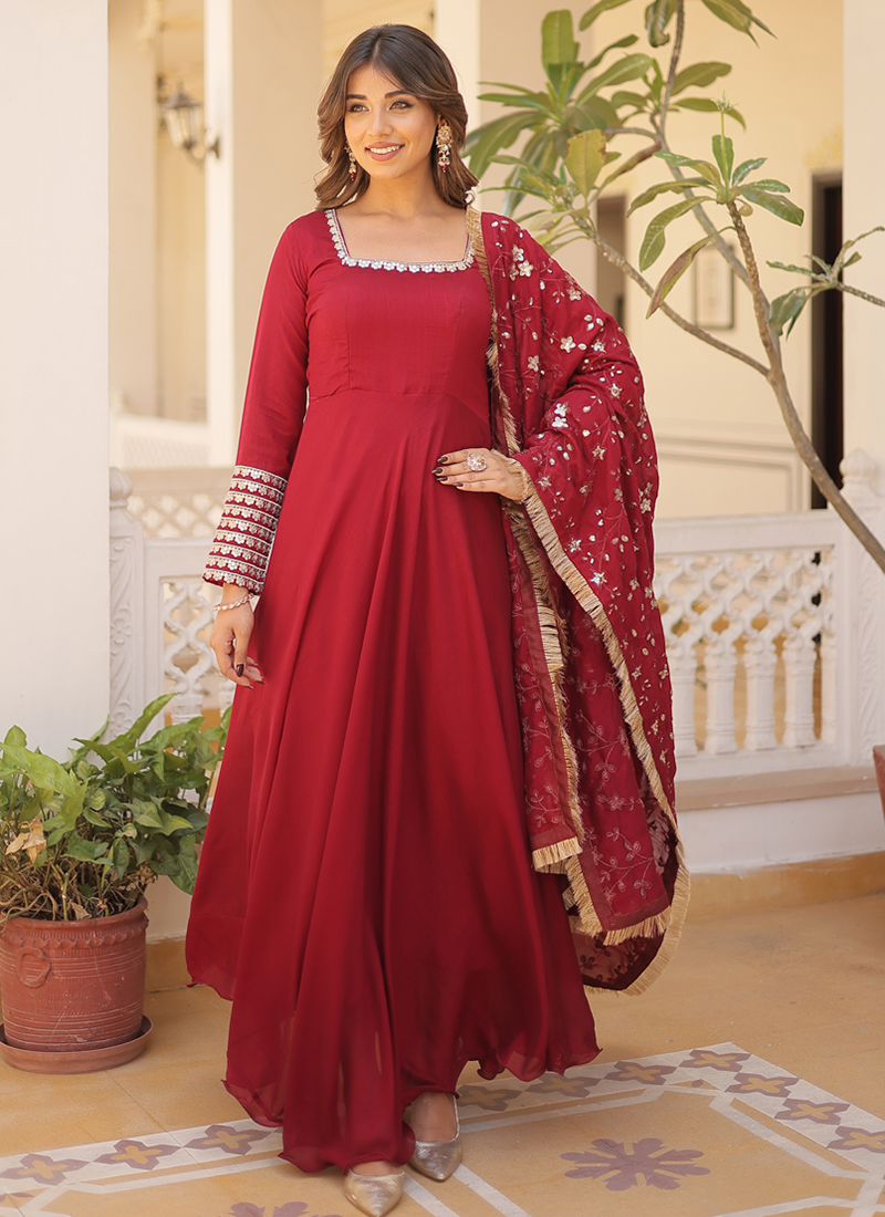 Buy Red Vichitra Silk Embroidery Zari Sequence Work Party Wear